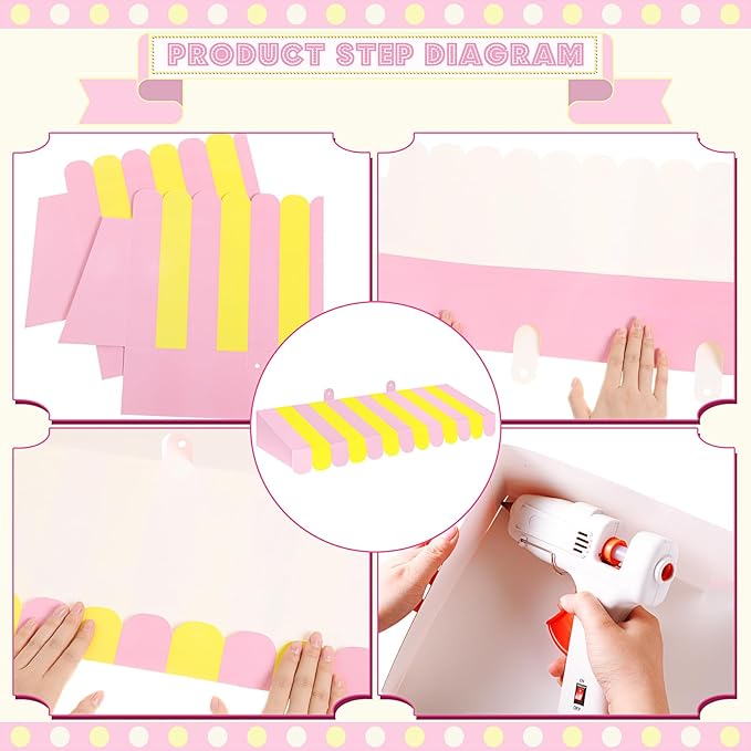Boao 4 Pack Circus Awning Decoration 3D Stripe Cardboard Awning Carnival Wall Decor Circus Party Favors for Lemonade Stand Bakery Ice Cream Truck Bulletin Board Decor(Pink and Yellow)