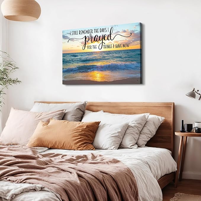 Scripture Wall Art Beach Wall Decor I still Remember The Days I Prayed Canvas Prints Pictures Sunset Ocean Painting Inspirational Religious Artwork for Bedroom Living Room Home Decorations 32x48"