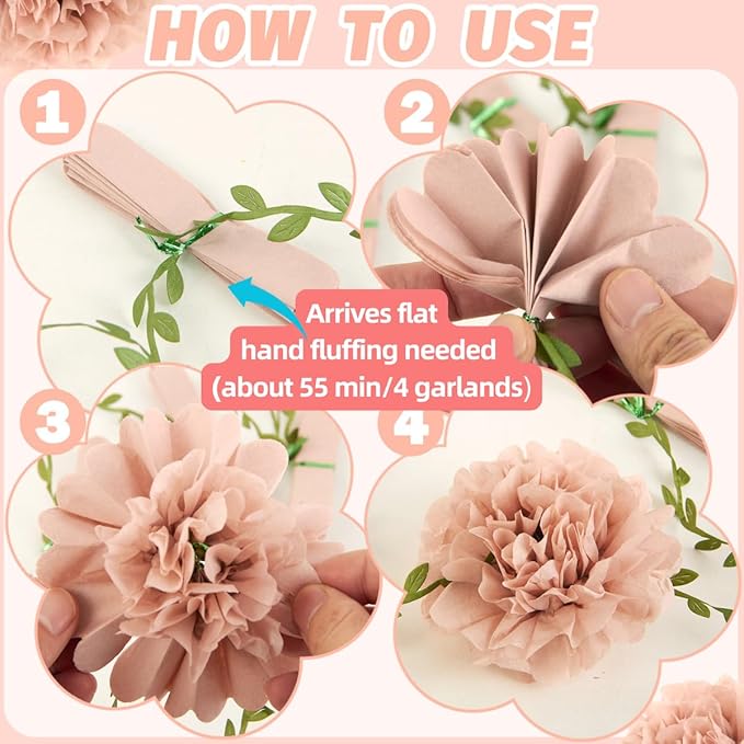4 Pcs Dusty Pink Flower Garland for Bridal Shower Decorations, Baby Shower Decorations for Girls, Pom Pom Garland, Paper Flowers Party Decorations for Birthday