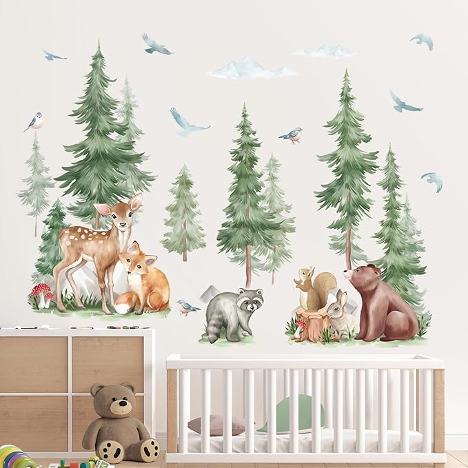wondever Mountain Tree Wall Stickers Large Pine Tree Forest Animal Bear Fox Peel and Stick Wall Art Decals for Kids Room Baby Nursery Bedroom