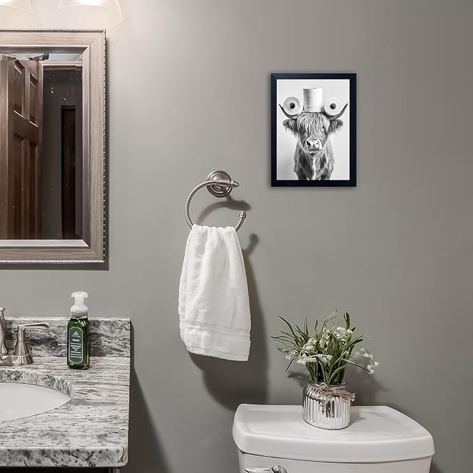 Funny Highland Cow Bathroom Wall Art with Toilet Paper on Head, Humorous Farmhouse Sign for Bathroom Decor, Rustic Black Framed Canvas Print for Restroom Toilet, Ready to Hang 12"x16"