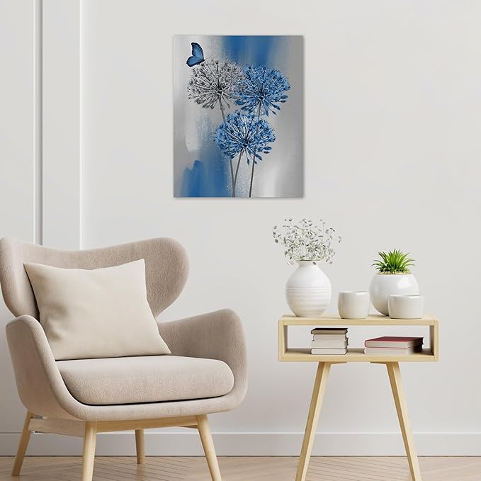 LB Blue Dandelion Wall Art Blue Grey Dandelion with Butterfly Canvas Wall Art Modern Abstract Wall Art Decor for Living Room Bedroom Bathroom Office Framed Ready to Hang 10L x 8W