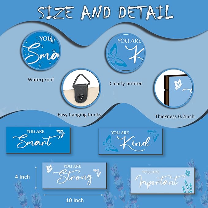 FENCORDAR 4 Pcs Butterfly Wall Decor Girls Room Decor Wooden Blue Wall Decor Positive Butterfly Wall Art Prints Inspirational Gift for Teen Girls Women Room Nursery Bedroom Bathroom(Blue, 10x4)