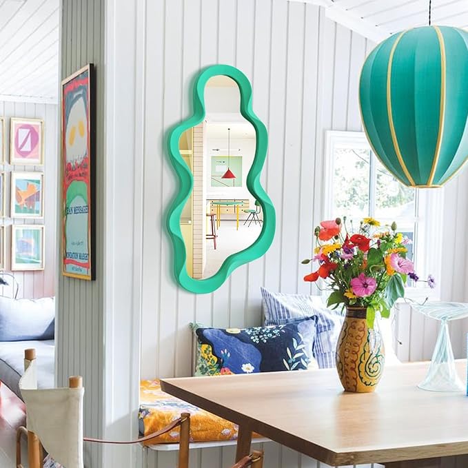 Irregular Wall Mirror Living Room Decor, Cloud Decorative Mirrors with Flocking Touch, 13.8x29.7 Modern Wavy Mirror for Hallway Entryway Staircase, Over The Bed Wall Art Decoration (Green)