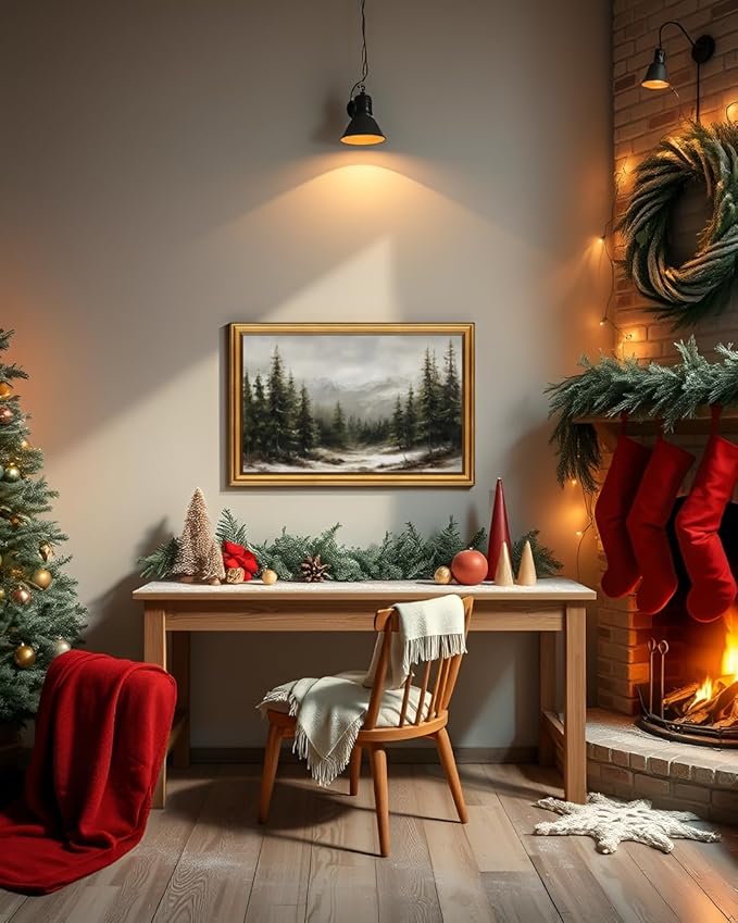 InSimSea Gold Framed Christmas Wall Art, Vintage Canvas Prints Decor, Winter Pine Forest Snowy Paintings Large Wall Decor, Rustic Pictures for Winter Xmas Holiday Decoration Gifts, 16x24inch