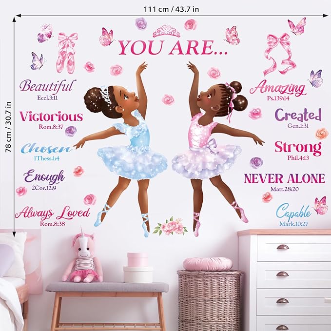 DECOWALL SG2-2319 Black Girl Magic Ballerina Wall Stickers Decals Afro Art Women Inspirational Bedroom Nursery Gift Beautiful playroom Kids décor Baby Butterfly Decoration Motivational Room