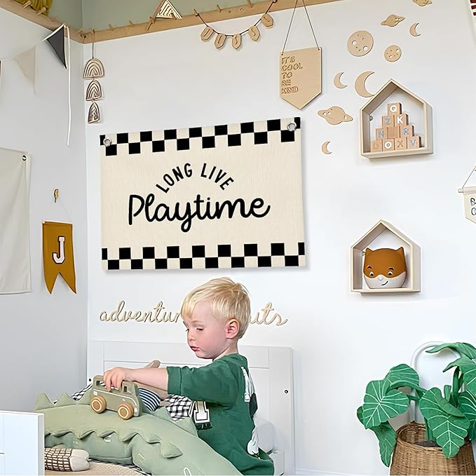 Long Live Playtime Black and White Checkered Boys Room Decor - Linen Banner Wall Hanging Canvas Banner Flag Decor for Toddler Boy Bedroom Nursery Playroom