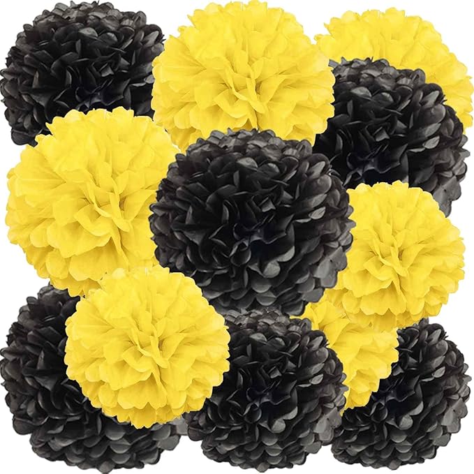 We Moment Black and Yellow Paper Pom Poms for Wedding Birthday Party Decoration - Ceiling Wall Hanging Tissue Flowers - 12pcs 2 Colors of 12 Inch 10 Inch