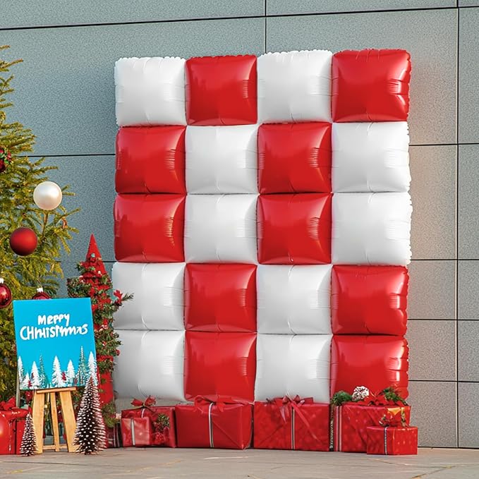 NISOCY 48PCS Red White Square Foil Balloons Wall Backdrop Double Sided Red Pearl White Balloons Arch Kit for Birthday Wedding Bridal Shower Valentine Anniversary Party Decorations