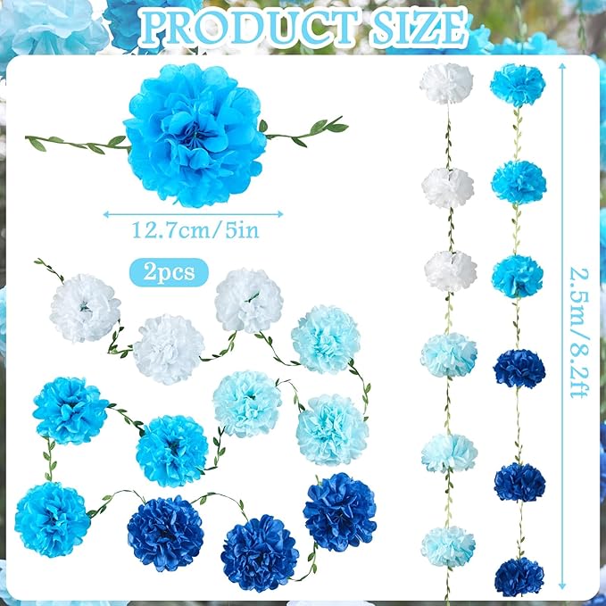 Gradient Blue Tissue Paper Pom Pom Garlands, Paper Flowers for Birthday Decorations, Baby Shower, Wedding Engagement, Bridal Shower, Spring Summer Party Decorations