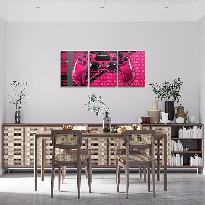 Feelyou Gamer Canvas Wall Art 12" x 16" 3 Piece Game Controller Office Wall Artwork Posters for Teens Adults Gaming Gifts Bathroom Wall Art for Home Gamepad RoseRed and Black Wall Painting