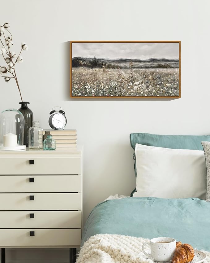 SHENIFY Vintage Framed Wall Art Meadow with Flowers Landscape Painting Retro Scenery Farmhouse Bedroom Living Room Decor - 8x16in Natural Framed