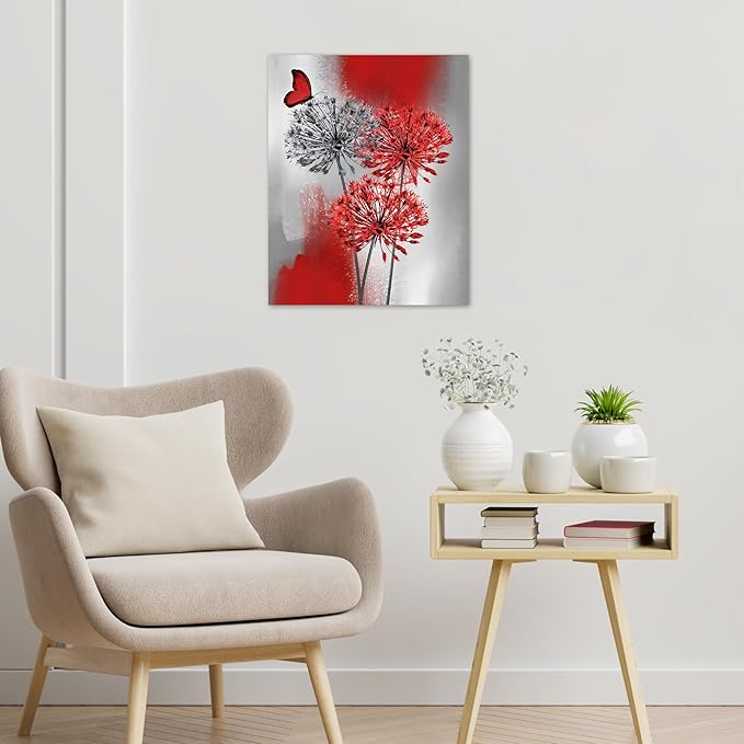 LB Red Dandelion Floral Wall Art Red and Grey Flower Butterfly Canvas Wall Art Modern Abstract Wall Decor for Bedroom Bathroom Living Room Framed Ready to Hang 16L x 12W