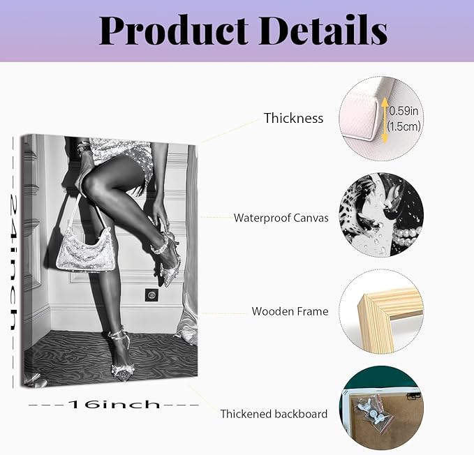 Bathroom Fashion Leopard Print Black and White Canvas Wall Art Trendy Women Posters Paintings Luxury Feminist Pictures Wall Decor for Bedroom Living Room Hallway Home Decoration 16x24 In Framed