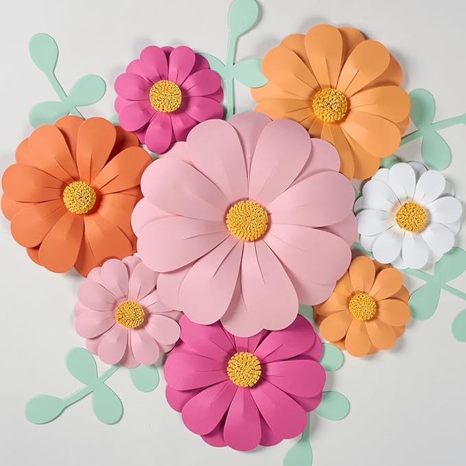 SUNBEAUTY Daisy Paper Flowers Party Decorations, Party Flower Decorations, Orange Yellow Flowers Wall Hanging, 1st Birthday Bridal Baby Shower Wedding Classroom Tea Party Daisy Décor