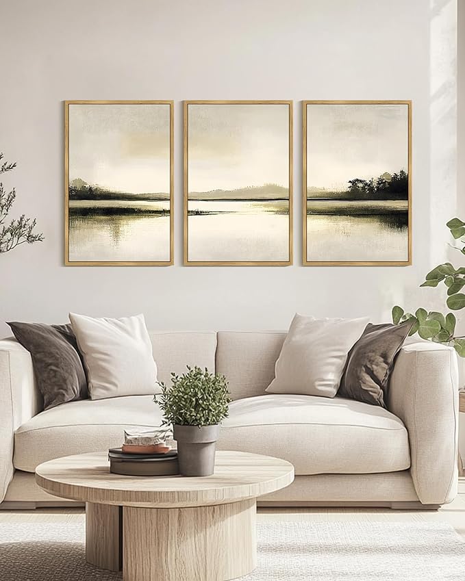 Drsoum Vintage Black Gray Abstract Laker Landscape Wall Art Framed Brown Tan Neutral Prints Minimalist Modern Rustic Artwork Bedroom Living Room Ready to Hang 24x36in Natural Framed