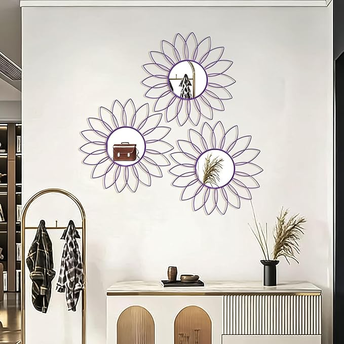 3 Pack Metal Mirrors for Wall Sunburst Wall Mirrors Home Décor Decorative Hanging Wall Art for Living Room Bedroom Entryway (Purple, Flowers)