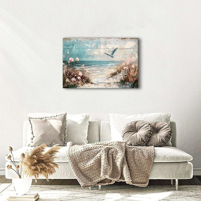 Blue Ocean Canvas Wall Art Coastal Picture Seagull Wall Decor for Bedroom Beach Poster Seabird Painting Pink Flower Picture Vintage Seascape Nautical Artwork for Kitchen Living Room Home Decor 24x36"