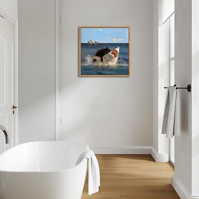 Floating Framed Black Cat Wall Art, Funny Quirky Cat and Shark Pictures Canvas Print, Abstract Black Cat Shark Posters Wall Decor for Room Bedroom Living Room Bathroom Aesthetic 20x20 inch