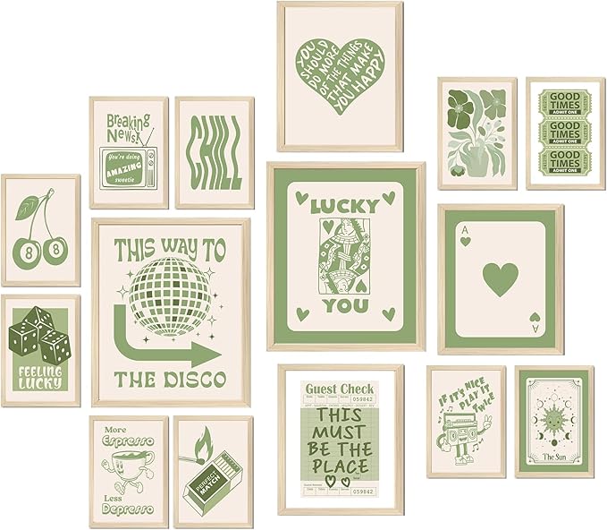 Aroutde Green Lucky Poster - Trendy Sage Green Wall Art - Guest Check Print - Lucky You - Room Decor - Y2K Canvas Wall Art - Set of 15 (Unframed)