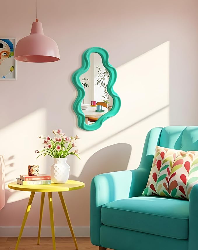 Green Wall Mirror Decor for Hallway Entryway, Small Asymmetrical Decorative Mirrors for Home Office Living Room, Funky Home Accent Decor for Housewarming Christmas Wedding Gift (Green)