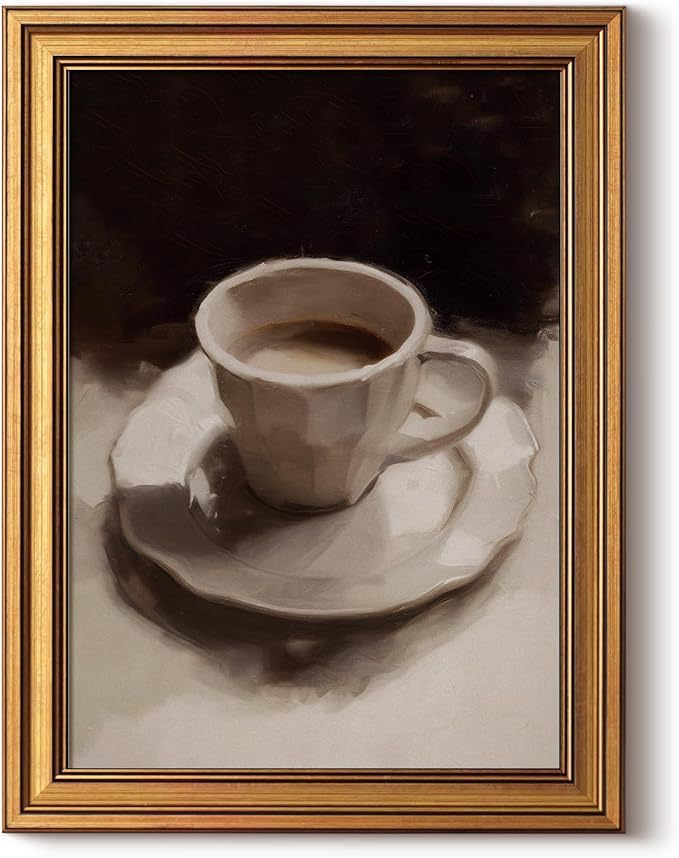 ARPEOTCY Gold Framed Canvas Wall Art, 12x16inch, Coffee Cup Art Prints, Retro Neutral Decor for Coffee bar Kitchen Living Dining Room, Still Life Vintage Shelf Decor,Small