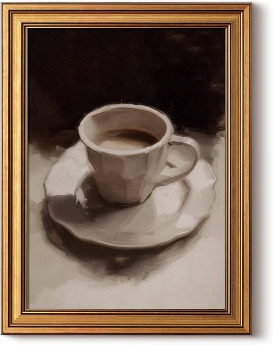 ARPEOTCY Gold Framed Canvas Wall Art, 12x16inch, Coffee Cup Art Prints, Retro Neutral Decor for Coffee bar Kitchen Living Dining Room, Still Life Vintage Shelf Decor,Small