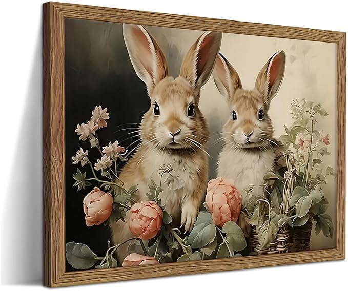 Framed Easter Bunny Wall Art, Two Adorable Rabbits with Flower Basket Picture Prints, Rustic Farmhouse Canvas Artwork, Vintage Holiday Wall Decor for Kids Room Girls Bedroom Living Room 12x16in
