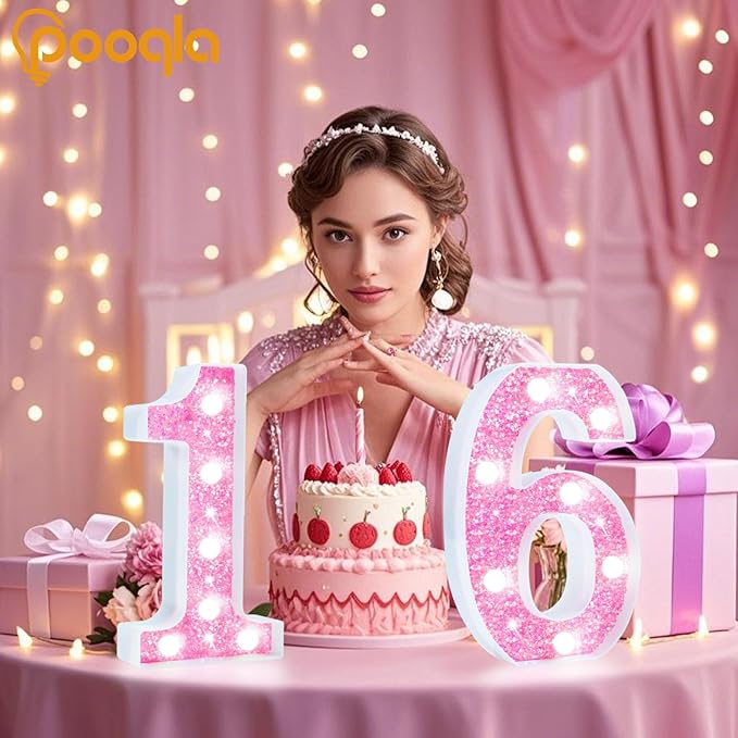 Pooqla Marquee Number Lights, Pink Light Up Numbers for Girls 4th Birthday, Battery Powered Glitter Number Night Light Gift for Wedding Christmas Bedroom Dorm Party Decoration, Cool White Number 4
