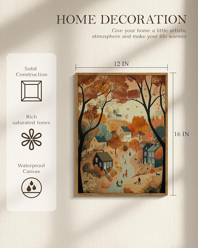 WHASAYART Autumn Cozy Village Landscape Scene 12x16 Framed Canvas Print, Rustic Fall Country Trees Wall Art with Warm Colors, Thanksgiving House Office Entryway Seasonal Decor