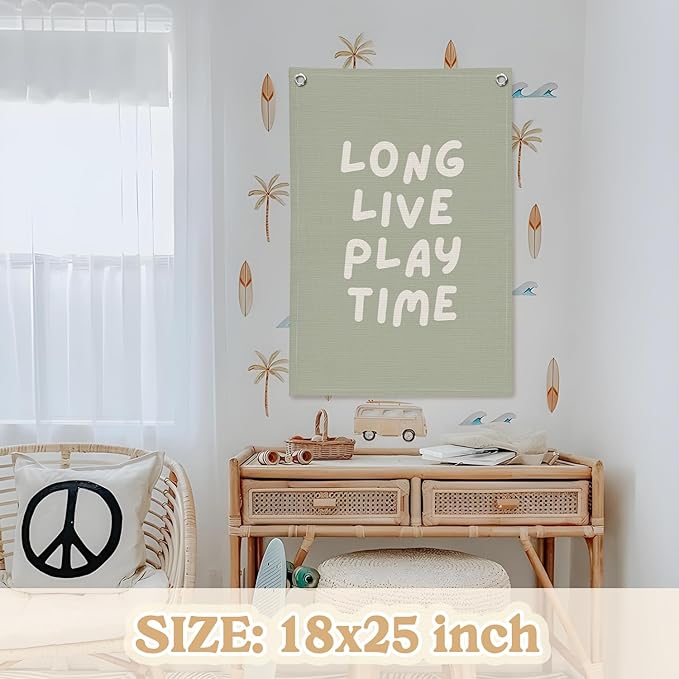 Playroom Decor,Long Live Playtime Wall Hanging Linen Banner,Sage Green Striped Wall Flag for Kids Room Nursery Playroom Decor,18x25 Inch