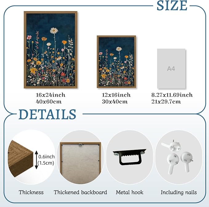 Clicyre Wildflower Wall Art, Vintage Botanical Floral Canvas Print, Deep Green Meadow Flower Artwork, Dark Moody Rustic Farmhouse Wall Decor for Living Room Bedroom Hallway Wood Framed 16x24 Inch