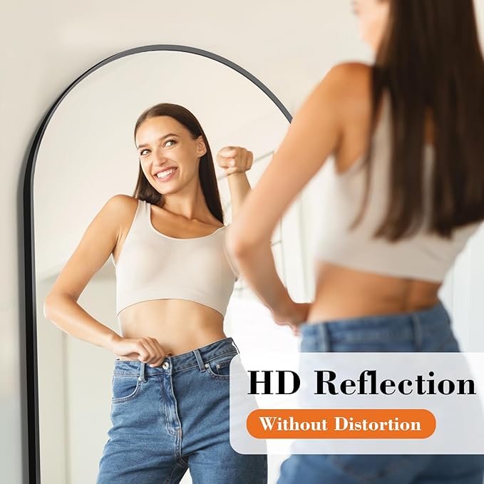 DUMOS 63"x20" Arched Full Length Mirror with Stand Floor Free Standing Aluminum Frame for Bedroom Body Hanging Leaning Modern Simple Home Decor Shatter-proorf Nano Glass Wall, Black-Rounded