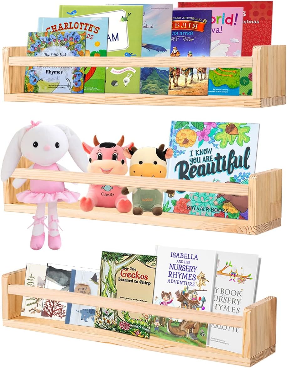 AZSKY Nursery Book Shelves 24 Inch Rustic Natural Wood Floating Shelves,Wall Book Shelves for Farmhouse,Bathroom Décor,Kitchen Spice Rack or Book Shelf Organizer for Home Décor,a Set of 3 Same Sizes