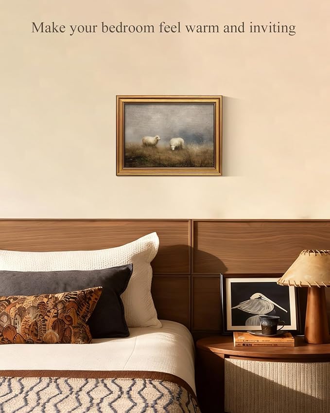 InSimSea Gold Framed Canvas Prints Wall Art, Vintage Sheep Nursery Decor, Pastoral Landscape Paintings Farmhouse Wall Decor Aesthetic, Antique Pictures for Bedroom Living Room Shelf, 12x16inch