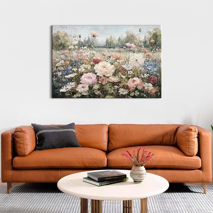 Flowers Wall Art Pink Roses Canvas Prints Painting Colorful Wildflowers Canvas Pictures Farmhouse Floral Landscape Wall Decor Botanical Artwork for Bedroom Bathroom Home Office Decorations 32x48"