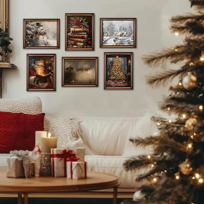 Vintage Christmas Santa Poster Set of 6, Santa Claus Pictures Wall Art Christmas Tree Wall Decor Painting Rustic Holiday Canvas Print Artwork for Living Room Farmhouse 8x10 inch Unframed