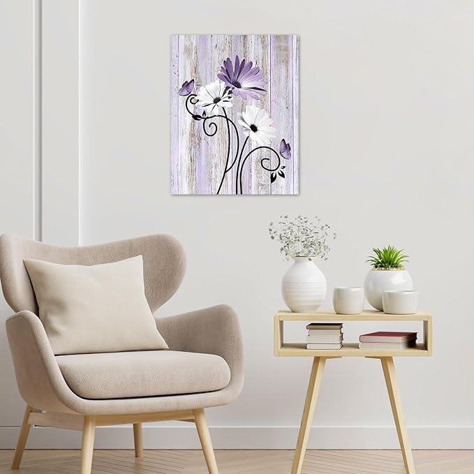HVEST Purple Floral Daisy Wall Art Lavender Flower and Butterfly Rustic Botanical Abstract Painting Farmhouse Plant Wall Art for Bathroom Living Room Bedroom Decor Ready to Hang, 16Lx12W Inches