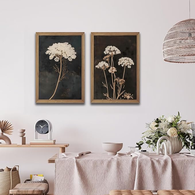 2Pcs Framed Moody Botanical Wall Art with Wood Frame Vintage Queen Anne’s Lace Flower Canvas Paintings Rustic Floral Poster Picture Prints Decor for Farmhouse Living Roomor Bedroom12X16Inch