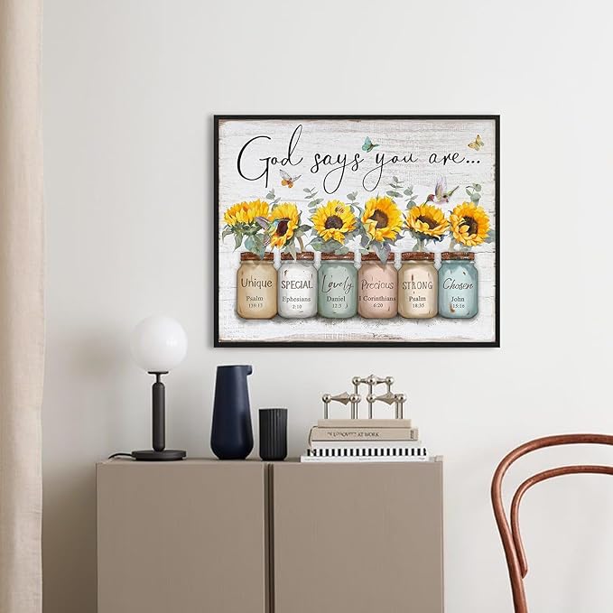 God Says You Are Wall Art: Christian Wall Art Framed Inspirational Quotes Bible Verse Wall Decor for Living Room Bedroom,Sunflower Pictures Religious Scripture Wall Art Prints Posters 12"x15"