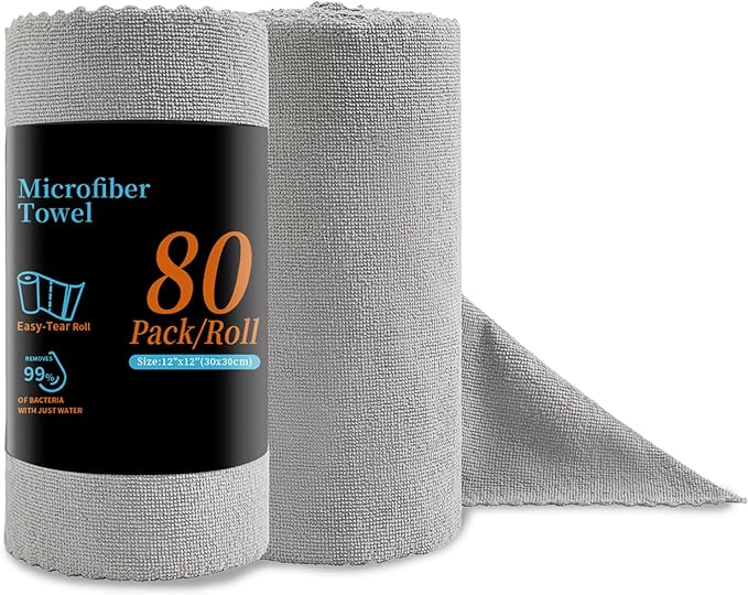 Jessy Home 80 Pack Reusable Paper Towels Grey Microfiber Cleaning Cloth Roll 12"x12" Microfiber Towels for Cars, Tear Away Cloth, Lint Free Rags for House, Kitchen,Window,Cleaning Supplies