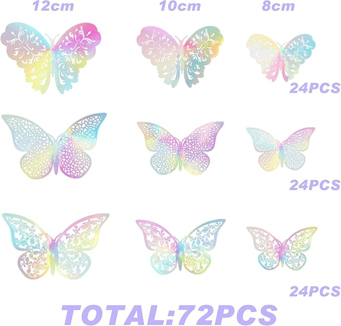 Bememo 72 Pieces 3D Butterfly Wall Decals Sticker Decal Wall Decor Art Decorative Sticker 3 Sizes for Room Offices Bedroom Bathroom Living Room Decor(Holographic White)