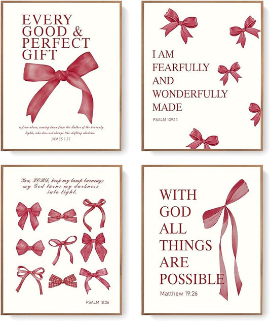LARTSFRO Coquette Red Bow Wall Art Decor Posters, Red Bow Christian Room Bedroom Bathroom Dorm Wall Art Decor Aesthetic for College Teen Girls Gifts, Inspirational Bible Verses Bow Wall Decor, 10x8 Inch Set of 4 Pcs Bow Pictures (UNFRAMED)