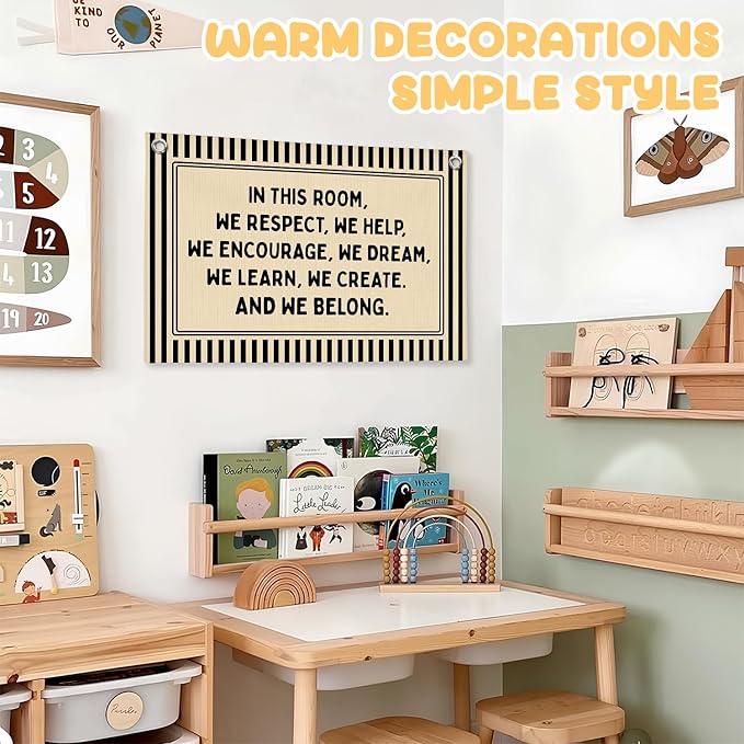 Classroom Decor, Retro Classroom Wall Hanging Canvas Banner Prints, in This Room We Respect Help Striped Wall Art Decor for Kids Nursery Toddler Room Bedroom Playroom, 30x20 Inch
