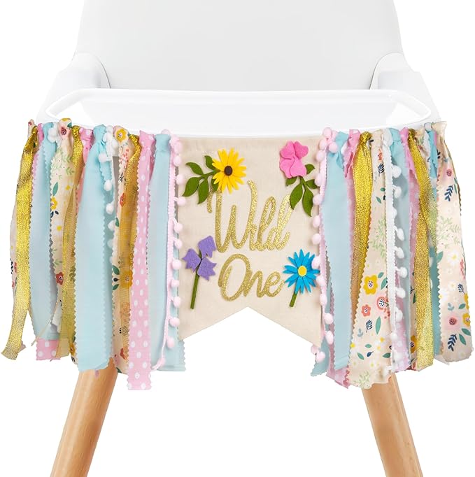 Wildflower High Chair Banner - Floral "Wild One" First Birthday Decor for Girls, Spring Theme Highchair Garland, 1st Birthday Party Decoration, Baby Shower Photo Backdrop