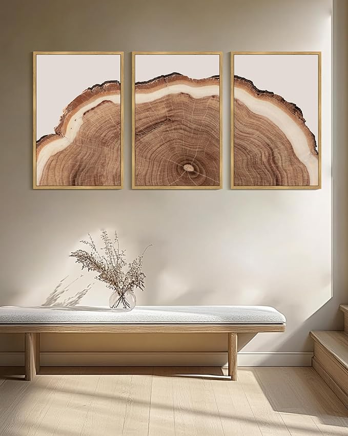 Drsoum Vintage Retro Tree Rings Wood Framed Wall Art Wood Stump Prints Modern Nature Rustic Artwork Bedroom Living Room Ready to Hang 24x36in Natural Framed