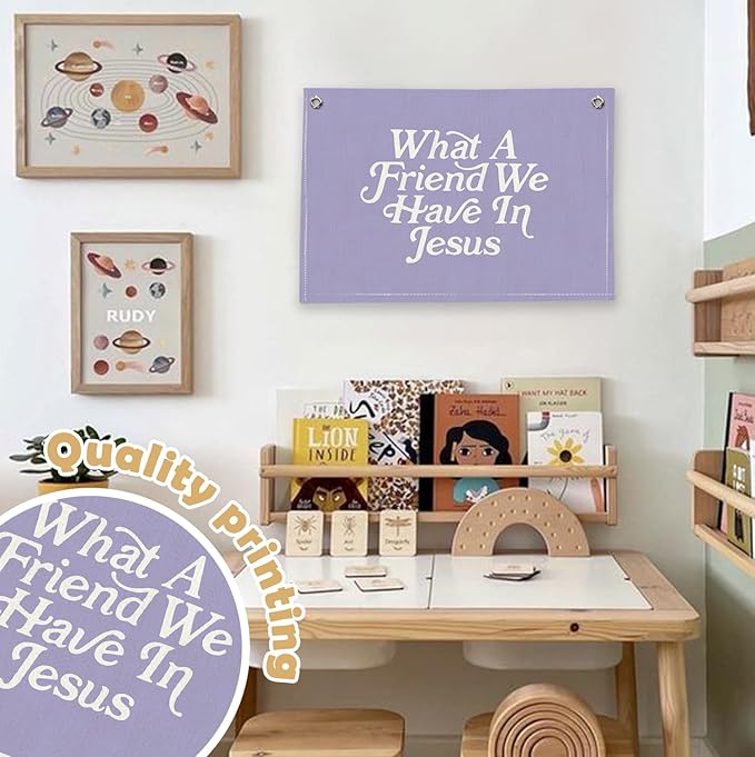 RTXLEZM Kids Room Decor-What a Friend We Have in Jesus Christian Canvas Banner Wall Hanging,Purple Minimalist Bible Verse Wall Art Prints for Classroom, Nursery, Kids Room