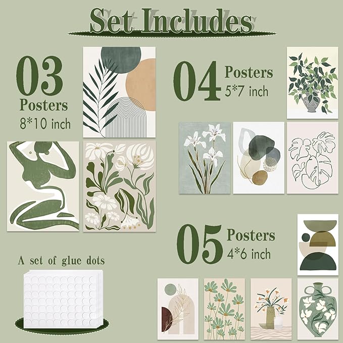 JJY 12 Pcs Sage Green Eclectic Wall Art Prints Decor -Abstract Herbaceous Flowers Plants Prints Eclectic Wall Decor -Classic Art Prints Funky Maximalist Poster for Aesthetic for Home Bedroom (Unframed)