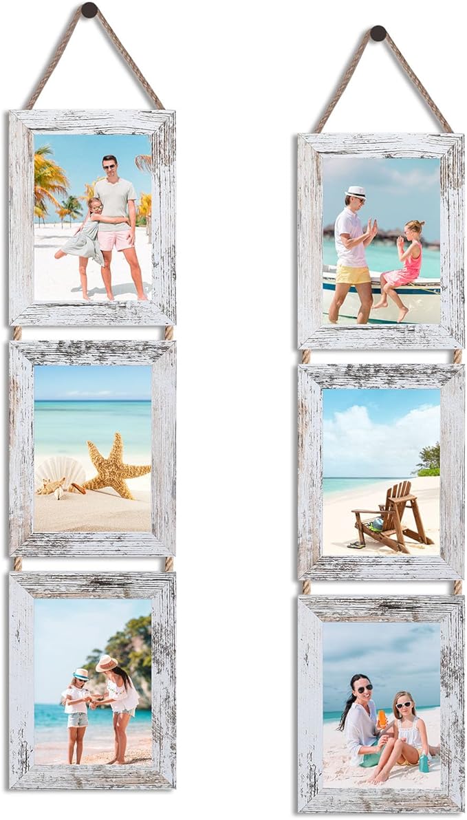 QUTREY 5x7 Collage Picture Frames, 6 Openings Hanging Photo Frame Set Display Vertical 5 by 7 inch Pictures for Wall Decor, Distressed White, 2 Pack