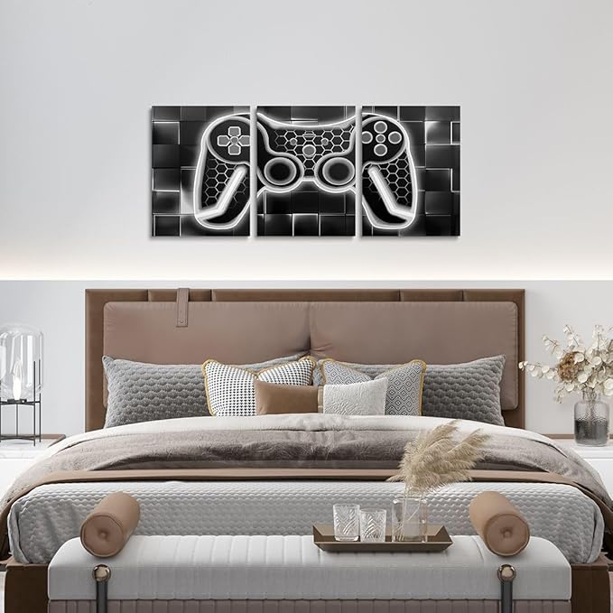 Feelyou Gamer Canvas Art for Living Room 12"x16" 3 Piece Grey and Black Picture Wall Decor Gaming Ombre Office Decorations Artwork Posters Geometric Square Painting